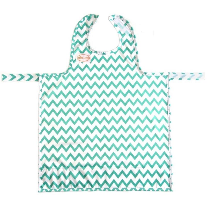BIB-ON, Full-Coverage Bib and Apron Combination for Infant, Baby, Toddler Ages 0-4. (Teal Chevron) - Image 1